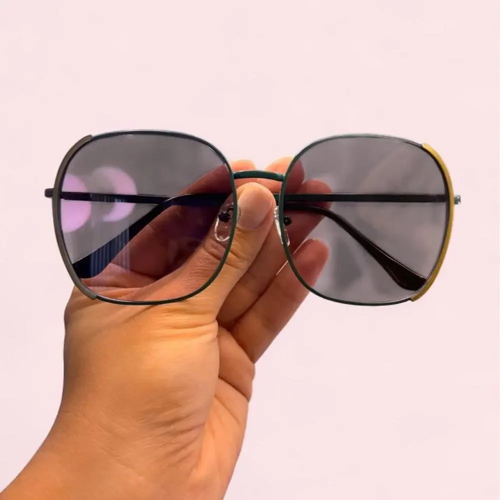Green and yellow oversized square sunglasses retro smoky gradient minimalist